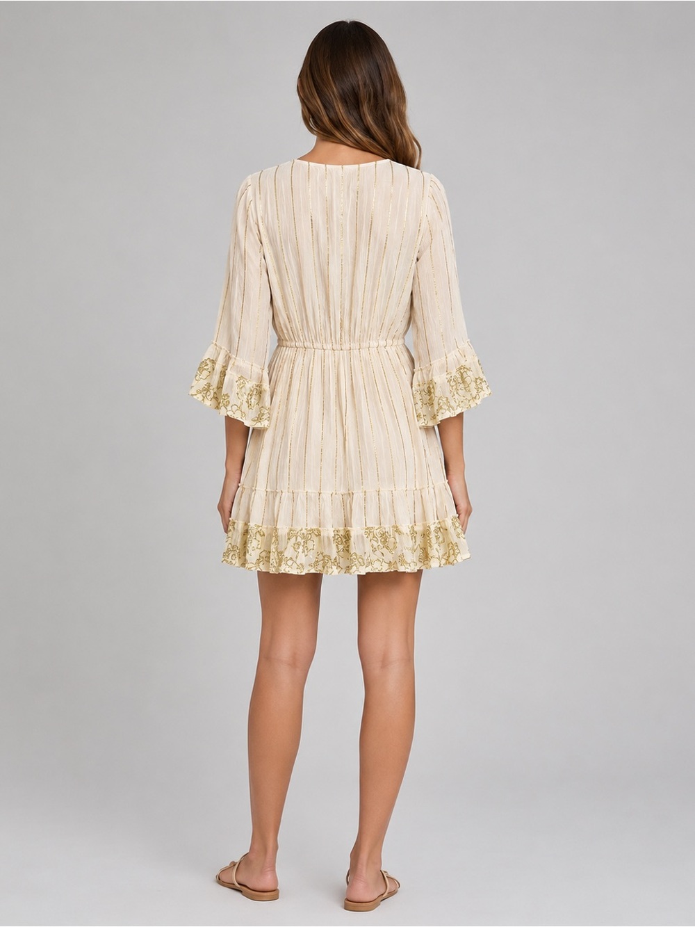 Ivory Mini Dress with Gold Embroidered Accents - Picture 2 of 5